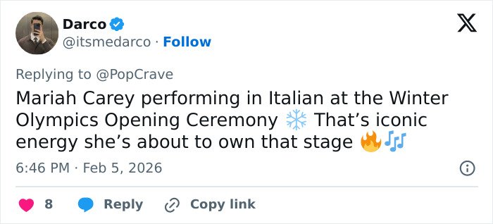 Screenshot of a tweet about Mariah Carey's Winter Olympics Opening Ceremony performance and related backlash.