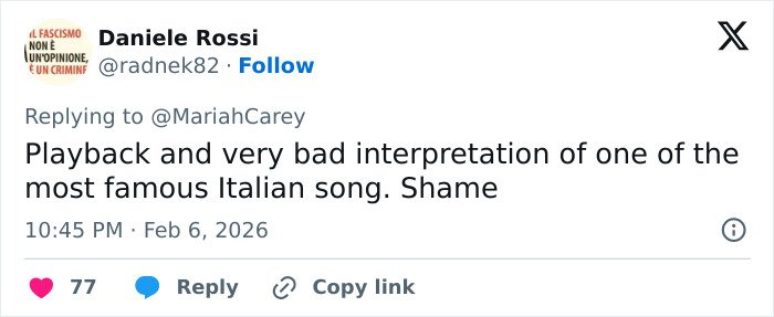 Screenshot of a tweet criticizing Mariah Carey's performance at the 2026 Winter Games opening ceremony.
