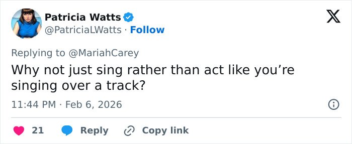 Twitter comment criticizing Mariah Carey's lip-syncing during 2026 Winter Games opening ceremony performance backlash.