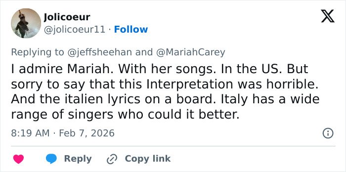 Tweet criticizing Mariah Carey's 2026 Winter Games opening ceremony performance with backlash over her song interpretation.