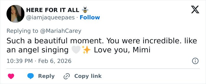 Tweet praising Mariah Carey’s performance at 2026 Winter Games opening ceremony amid backlash over timing.