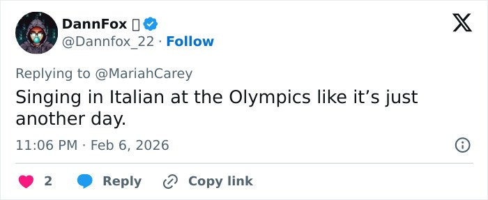 Tweet criticizing Mariah Carey's 2026 Winter Games opening ceremony performance amid backlash.
