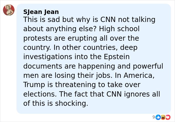Comment by SJean Jean discussing CNN ignoring protests, Epstein investigations, and political tensions in the US.