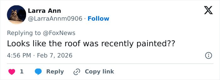 Tweet by Larra Ann questioning if the roof was recently painted, related to neighbor sharing info triggering police roof search.