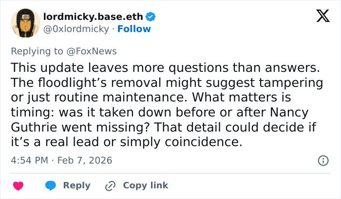 Tweet discussing the neighbor of Nancy Guthrie sharing crucial information that triggered a police roof search.