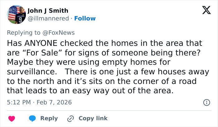 Tweet from neighbor of Nancy Guthrie sharing crucial information that triggered police roof search near empty homes for sale.