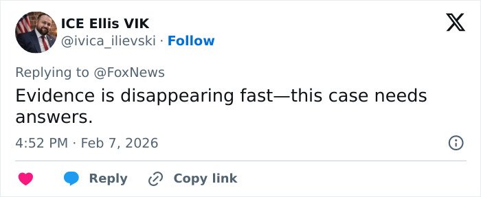 Screenshot of a tweet discussing evidence disappearance related to neighbor of Nancy Guthrie triggering police roof search.