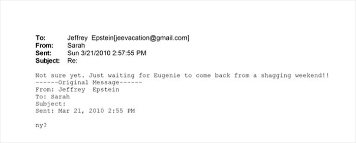 Email exchange on screen showing messages involving Jeffrey Epstein and a reference to Eugenie in new files.