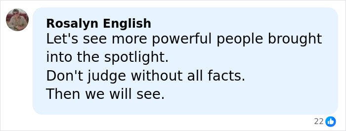 Comment from Rosalyn English discussing powerful people and judgment, related to Jeffrey Epstein’s bold request about Princess Beatrice.