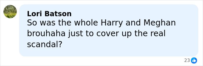 Comment from Lori Batson questioning if the Harry and Meghan brouhaha was to cover up the Epstein scandal details.