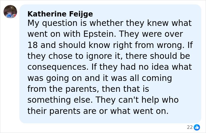 Comment discussing Jeffrey Epstein's connection to Princess Beatrice and Eugenie and the implications of their knowledge.