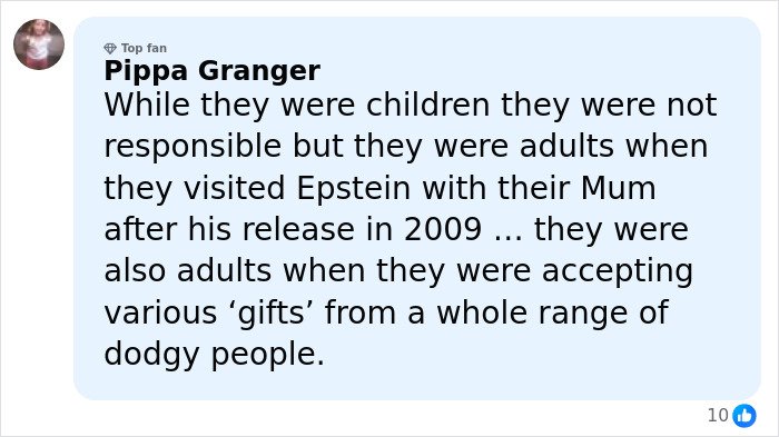 Comment by Pippa Granger discussing visits to Epstein and acceptance of gifts, related to Jeffrey Epstein's request files.
