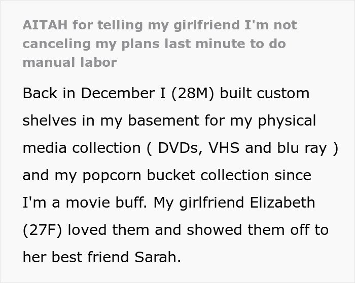 Text post describing a woman volunteering her boyfriend for free labor and acting insulted when he refuses.