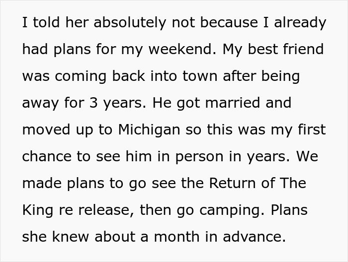 Text excerpt describing a woman volunteering boyfriend for free labor and his refusal causing conflict.