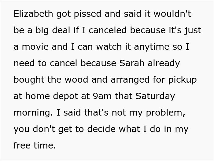 Text showing a conversation about a woman volunteering her boyfriend for free labor and him refusing to comply.
