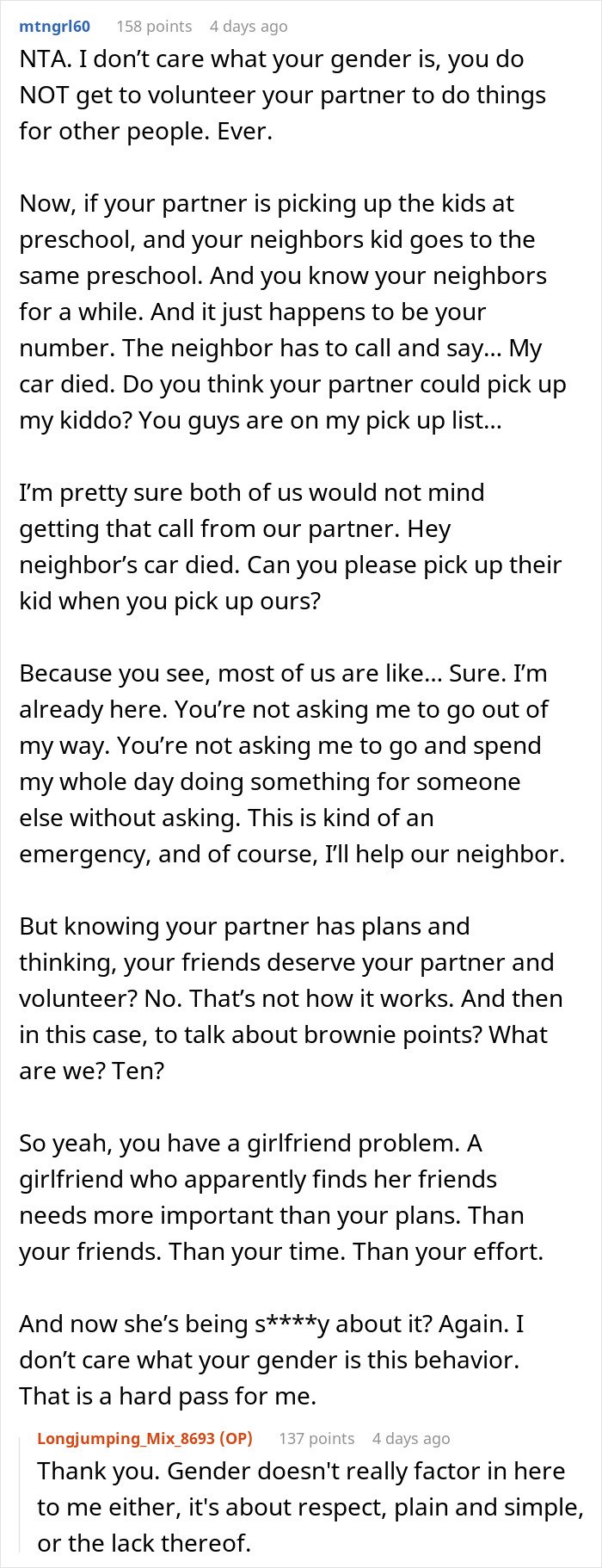 Reddit user discusses respecting partners and refusing to volunteer them for free labor or favors without consent.