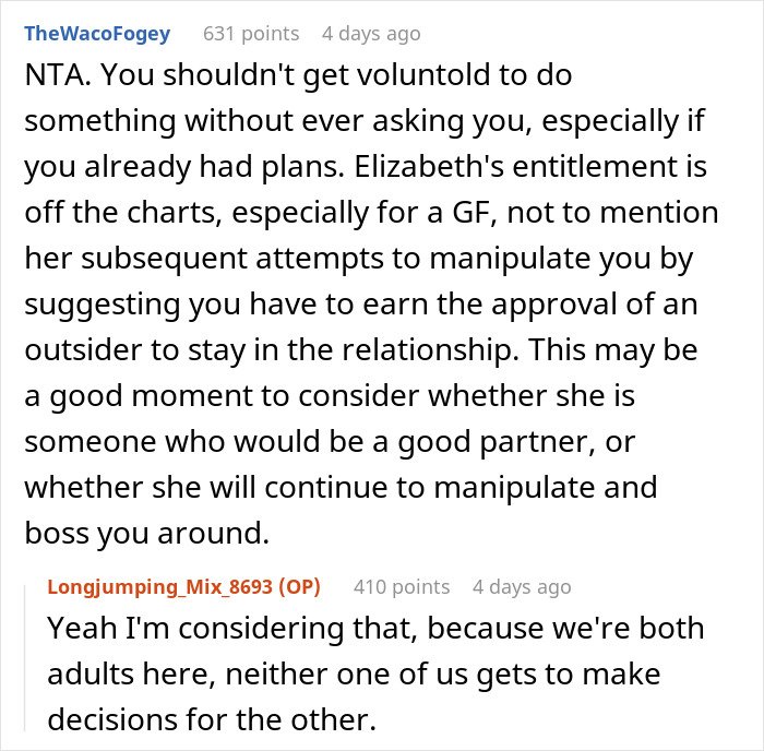 Reddit comments discussing a woman volunteering her boyfriend for free labor and his refusal causing conflict.