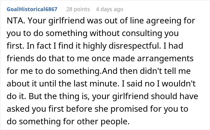 Screenshot of a Reddit comment discussing a woman volunteering her boyfriend for free labor without his consent.