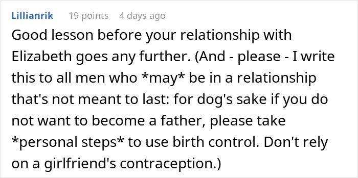 Comment discussing relationship advice about birth control and personal responsibility, related to volunteer labor refusal.