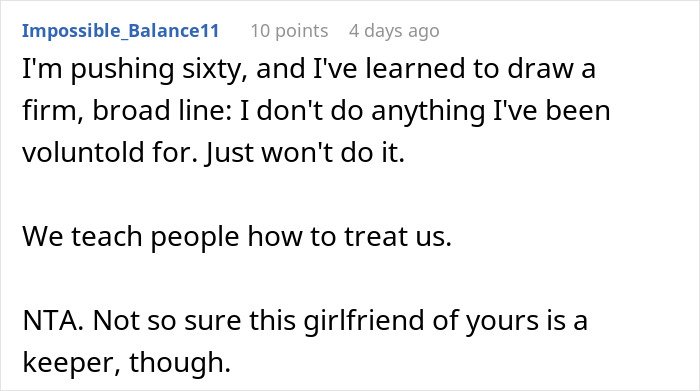 Commenter explains setting firm boundaries and refusing free labor after woman volunteers boyfriend without consent.