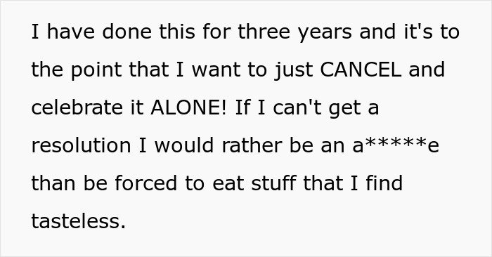Text showing frustration over strict diet enforcement on birthday, expressing a wish to cancel and celebrate alone instead.