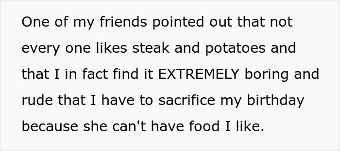 Text showing frustration of woman tired of friend’s strict diet rules even on her birthday celebration.