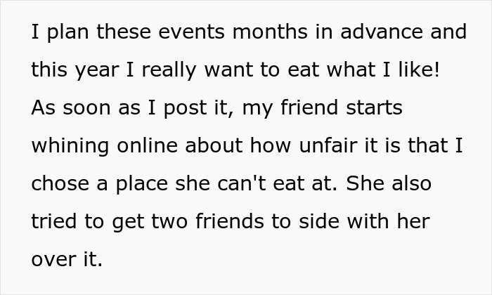 Text discussing a woman tired of her friend’s strict diet rules, even enforced on her birthday plans.