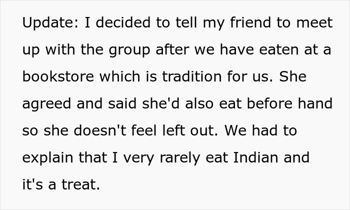 Text excerpt about a woman tired of her friend’s strict diet, explaining a birthday meal compromise with friends.