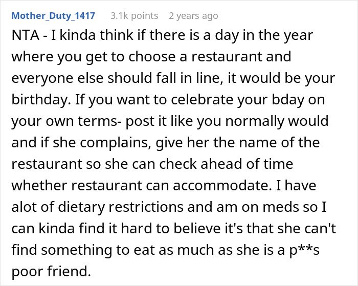 Comment from Reddit user about a woman tired of friend’s strict diet rules even on her birthday.