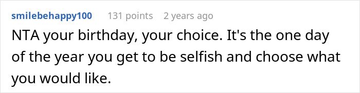 Screenshot of online comment discussing a woman tired of friend’s strict diet enforcement on her birthday.