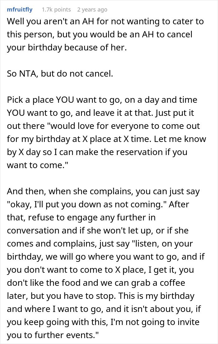 Text from a discussion forum where a woman shares advice about handling a friend’s strict diet on her birthday.