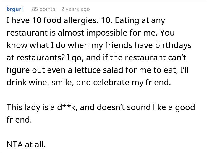 Comment about woman tired of friend’s strict diet enforcing rules even on her birthday, expressing frustration.