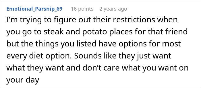 Comment on a forum expressing frustration about a friend’s strict diet restrictions enforced on special occasions.