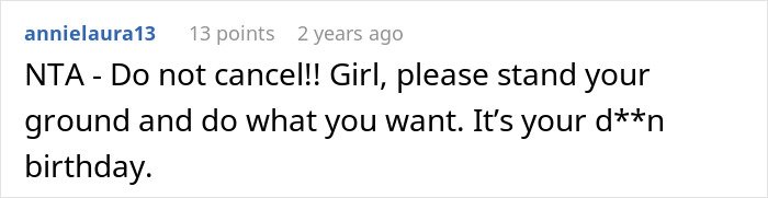 Screenshot of an online comment showing support for a woman tired of her friend’s strict diet rules on her birthday.