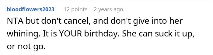 Screenshot of an online comment about a woman feeling tired of her friend’s strict diet rules during her birthday celebration.