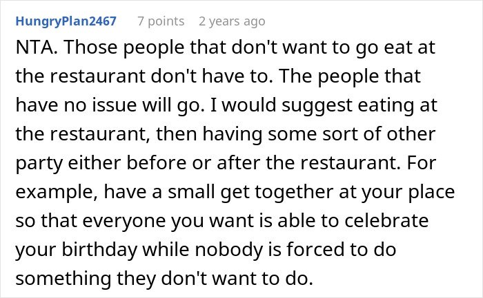 Comment discussing a woman tired of her friend’s strict diet and how to handle birthday celebrations without enforcing the diet.