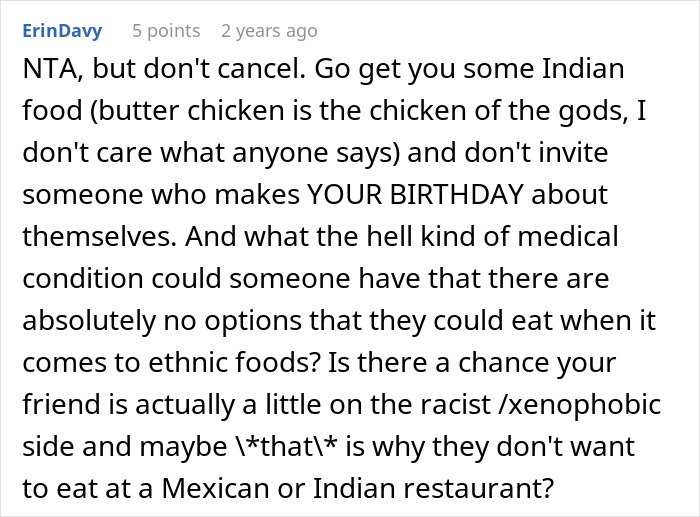 Comment discussing frustration with friend’s strict diet rules interfering with birthday plans and ethnic food choices.