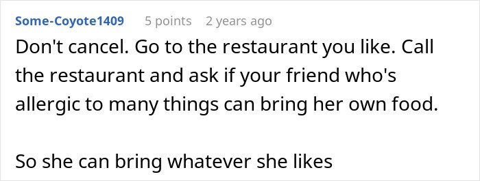 Text comment about a woman tired of a friend’s strict diet rules, even on her birthday, suggesting bringing own food.
