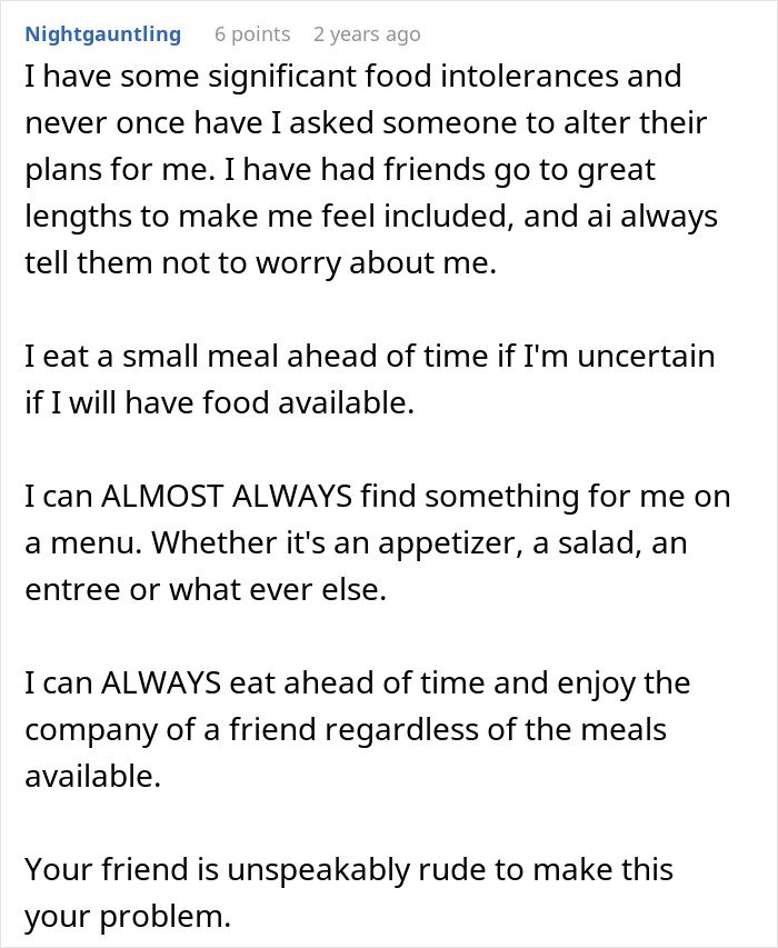 Comment discussing a woman tired of friend’s strict diet rules affecting social meals and celebrations.