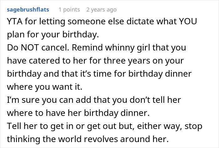 Screenshot of a forum comment discussing frustration with a friend’s strict diet rules imposed on birthday plans.