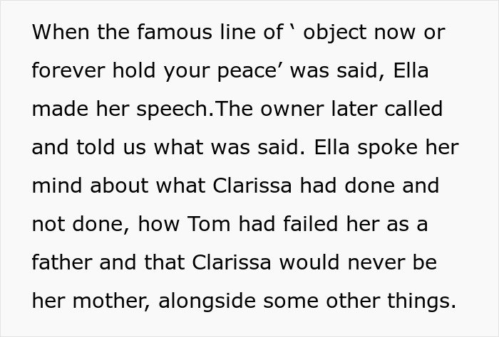 Text excerpt from a teen making sure stepmom is miserable by confronting family issues at a wedding event.