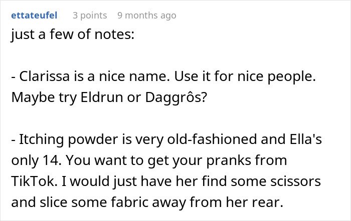 Comment discussing pranks and character name suggestions related to a teen making stepmom miserable on wedding day.