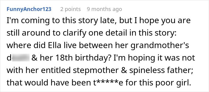 Screenshot of an online comment questioning Ella’s living situation involving her stepmother and father in a family conflict story.
