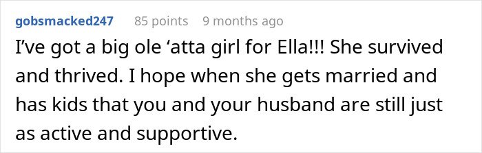Screenshot of a Reddit comment praising Ella’s survival and hoping for continued family support on her wedding day.