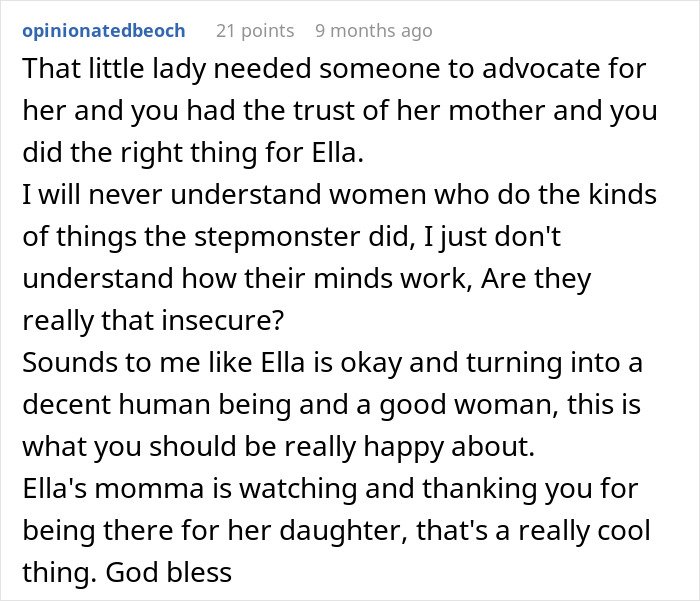 Comment praising a teen for standing up to a stepmom trying to erase late mom’s memory and supporting the daughter’s well-being.