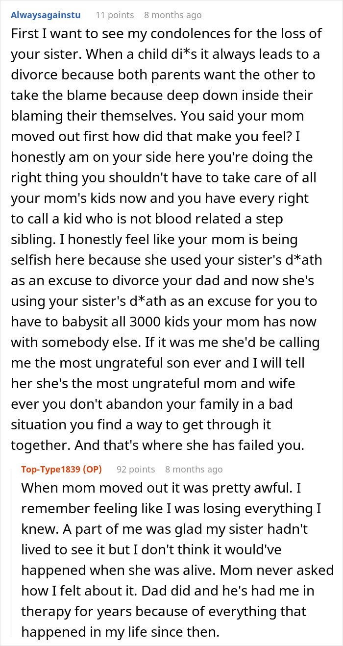 Screenshot of a Reddit conversation about a teen feeling overwhelmed being a third parent to seven kids at his mom&rsquo;s house.