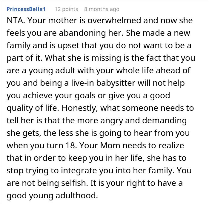 Comment about teen feeling overwhelmed and refusing to be a third parent to 7 kids at his mom's house.