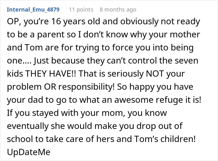 Teen overwhelmed by being a third parent to seven kids at his mom&rsquo;s house, feeling forced into responsibility too soon.