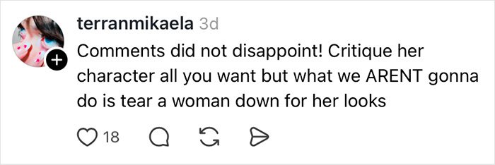 User comment defending Melania Trump’s appearance, emphasizing no tearing down for her looks despite critiques.