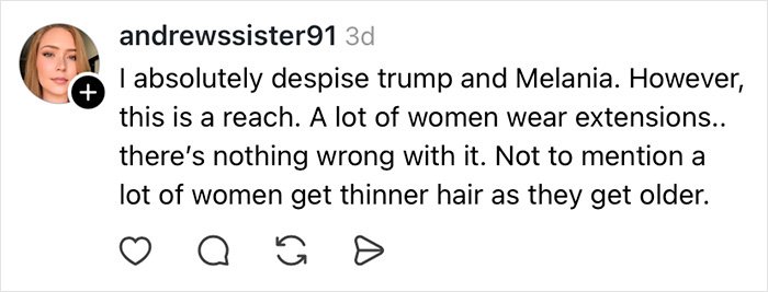 Comment discussing Melania Trump’s appearance and hair extensions as a hidden secret revealed by the wind.